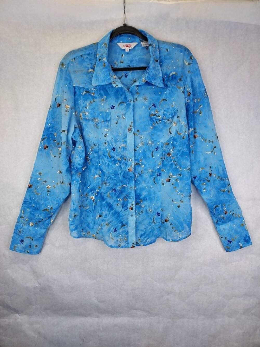 Roper Pearl Snap Western Shirt Womens XL Sheer Floral Embroidery Sequins Cowgirl